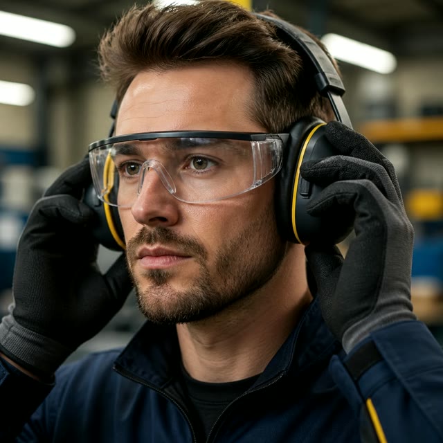 Trabajador ajustándose el protector auditivo, con gafas de seguridad puestas